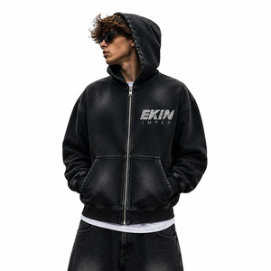 เสื้อฮู้ดซิปผู้ชายสีดำทรงโอเวอร์ไซส์จาก Ekin Impex สไตล์สตรีทแวร์ มีกระเป๋าหน้าและโลโก้พิมพ์ซิลค์สกรีน - Product Image 1