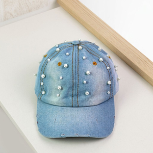 Casquette de baseball en denim sergé bleu clair délavé avec clous perlés et fleurs brodées, tissu courant, unisexe - Product Image 6