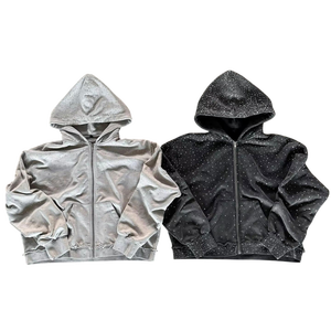 Sudadera con Capucha Gris para Hombre, con Cierre de Cremallera, Estampado de Puntos de Diamantes de Imitación, Manga Regular, Felpa Francesa de Algodón, para Otoño - Product Image 2