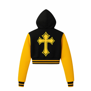 Blouson universitaire court pour femme « Yeshua Team Jesus » – Bomber à capuche noir et jaune pour un style streetwear inspiré de la foi - Product Image 2