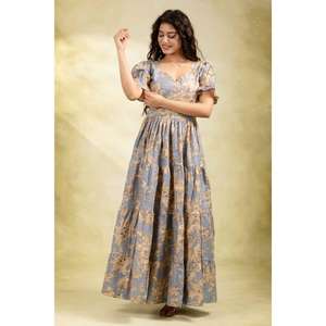 Vestido Largo de Algodón Estampado con Cintura Natural y Mangas Abullonadas Ecológico para Mujer, Elegante Atuendo Floral de Verano - Product Image 3