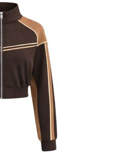 Chaqueta Deportiva Corta para Mujer Color Camel Marrón, Chaqueta Deportiva con Cierre, Ropa Deportiva para Gimnasio y Fitness, Chaqueta de Entrenamiento con Rayas en Contraste, Fabricante - Product Image 4
