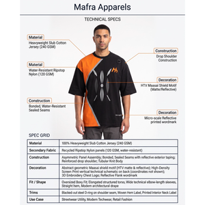 เสื้อยืดเทคแวร์โอเวอร์ไซส์แบบหนาพิเศษ 240GSM สำหรับผู้ชาย ผ้าฝ้ายแบบต่อแผง สไตล์สตรีทแวร์ พร้อมรายละเอียดสะท้อนแสง Mafra Apparels - Product Image 5
