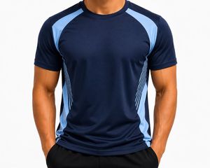 Camiseta Deportiva Casual de Manga Corta Blanca para Hombre, Diseño de Bloques de Color Azul Marino, Secado Rápido, Corte Regular, Cuello Redondo, Tejido de Punto con Spandex - Product Image 3