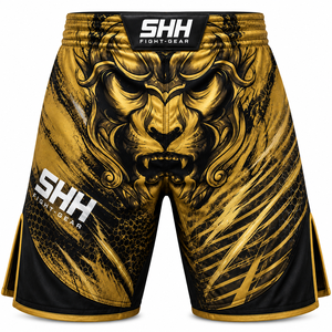 SHH Industries Custom MMA Fight <b>Shorts</b> for Adults Men Black Gold Lion Graphic Grappling BJJ <b>Kickboxing</b> Training Breathable - Product Image 1
