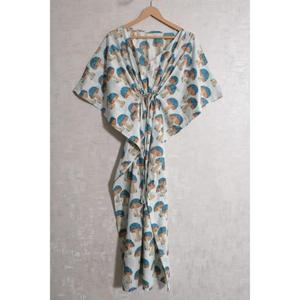 Caftán de Algodón Estilo Boho Hecho a Mano, Estampado Floral, Ecológico, Ropa de Playa Natural para Verano, Vestido Maxi para Mujer, Manga Murciélago, Cuello en V - Product Image 1