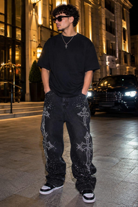 Jean baggy en denim noir à strass pour homme, style streetwear, coupe large - Product Image 5