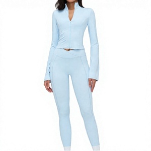Light Blue 2 Piece Yoga Set <b>Women</b> High Waist <b>Leggings</b> <b>Crop</b> Top Full Sleeve Zipper Front Breathable Seamless Activewear - Product Image 3