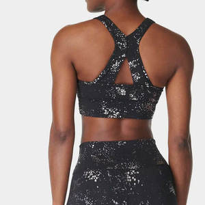 Women's Black Sports Bra With White Speckle Pattern High Support Adjustable Straps Yoga Workout Top - Product Image 6