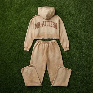 Custom <b>Women</b> Acid Wash <b>Beige</b> Cropped Hoodie Jogger Set Cotton Fleece Streetwear <b>Tracksuit</b> OEM Wholesale - Product Image 6