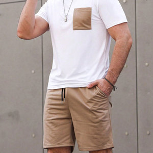 Men's White Cotton T-Shirt With Beige Pocket And Matching Shorts <b>Set</b> Casual Summer Wear Breathable <b>Knitted</b> Fabric - Product Image 2