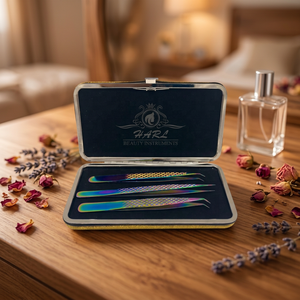 Juego de pinzas para extensión de pestañas HARL, pinzas multicolores de acero inoxidable para extensión de pestañas con estuche metálico, herramientas para pestañas - Product Image 5