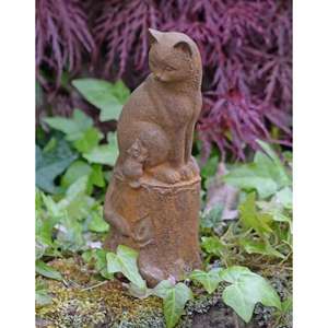 รูปปั้นแมวเหล็กหล่อนั่งบนเสาต้นไม้ ตกแต่งสวนแบบผิวสนิม ผู้จำหน่าย - Product Image 4