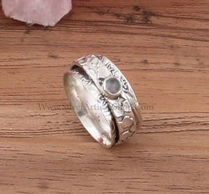 Natural <b>Green</b> Jade Bezel Set 925 Sterling Silver Spinner Ring for Women Men Boho Meditation Party <b>Jewelry</b> - Product Image 1