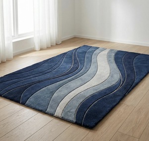 Tapis bleu tufté, tapis géométrique abstrait moderne, tapis doux tufté à la main pour la décoration du salon - Product Image 2