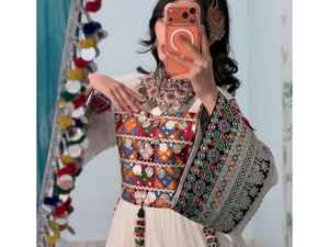 Classic <b>White</b> Afghan Kuchi Dress Multi Color <b>Mirror</b> Work Chest Piece Intricate Silver Border Embroidery Traditional OEM - Product Image 5