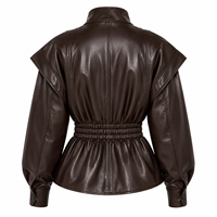 Veste en cuir marron foncé pour femme, taille froncée, revers large, manches longues, vêtement d'extérieur tendance