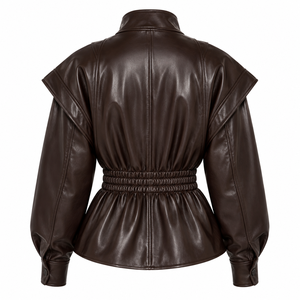 <b>Women</b>’s Dark Brown <b>Leather</b> <b>Jacket</b> Ruched Waist Wide Lapel <b>Long</b> Sleeve Fashion Outerwear - Product Image 2