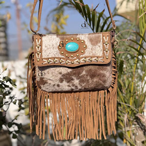 กระเป๋าถือหนังวัวแท้กระเป๋าสะพายข้างสีเทอร์ควอยส์หินกระเป๋าหลากหลายสไตล์โบฮีเมียนพู่ห้อยกระเป๋าขายดี - Product Image 1