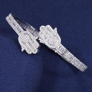 Luxury 925 <b>Silver</b> Rhodium Plated <b>Cuff</b> <b>Bracelet</b> Women's Diamond Baguette Cut Hamsa Hand Channel Setting Jewelry - Product Image 1