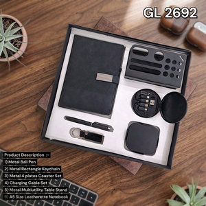 Set de Regalo Corporativo Ejecutivo de 6 Piezas con Cuaderno de Piel Sintética A5, Bolígrafo, Llavero, Posavasos, Cable de Carga y Soporte de Escritorio - Product Image 2