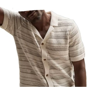 Men's Summer Knit <b>Cardigan</b> <b>Short</b> <b>Sleeve</b> Striped Turn-down Collar Breathable Cotton Shirt Button Closure Custom Logo - Product Image 1