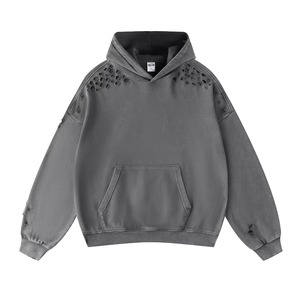 Sweat-shirt à capuche oversize gris uni en coton French Terry pour homme, coupe classique, manches longues, design découpé, idéal pour l'automne - Product Image 1