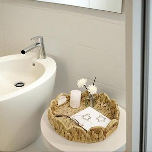 Handwoven Natural Seagrass Serving <b>Tray</b> with Handles Round Wicker Basket <b>Tray</b> for Home Kitchen Coffee Table Decor - Product Image 2