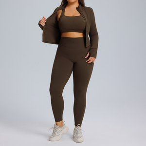 Pink Plus Size 2 Piece Yoga Set High Waist Full Length Leggings Long Sleeve Zipper Crop <b>Top</b> Seamless Sportswear - Product Image 4