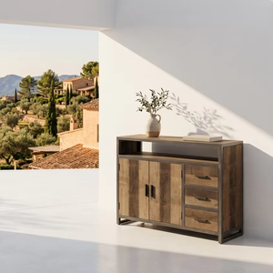 Araimo Industrial Teak Solid Wood Dresser Cabinet 3 Drawers Open <b>Shelf</b> Scandinavian Design <b>Rustic</b> Finish for Bedroom Storage - Product Image 4