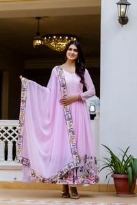 Robe Anarkali brodée en Georgette avec bordure de perles, Dupatta en toile à grande évasement, ensemble Salwar pour femme, prêt-à-porter - Product Image 1