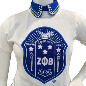 เสื้อยืดเชนิลล์สีขาว Zeta Phi Beta สำหรับผู้หญิง ปักลายตราสัญลักษณ์สมาคมนักศึกษาหญิงภาษากรีก เสื้อยืดลำลอง - Product Image 2