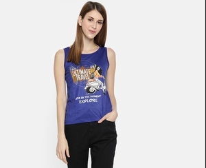 Camiseta sin mangas azul para mujer con estampado de viaje, cuello redondo, estilo casual, 100% algodón, tejido transpirable, logo frontal - Product Image 1