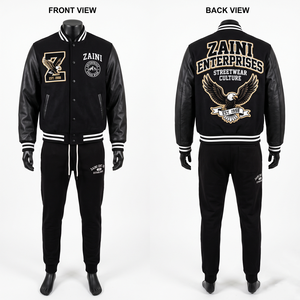 380 GSM Heavy Cotton Polyester Fleece Varsity Tracksuit Black Ribbed Contrast Sleeve Custom <b>Embroidery</b> Logo - Product Image 1