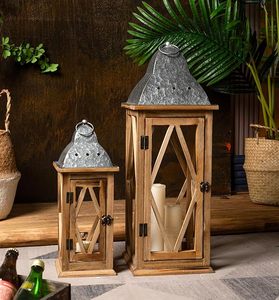 Farol de Madera Vintage, Portavelas Decorativo de Mesa con Tapa Metálica, Decoración Rústica para el Hogar Estilo Granja - Product Image 5