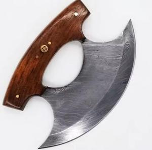 Coupe-pizza artisanal de haute qualité en acier Damas avec manche en bois fixe et étui en cuir - Product Image 5