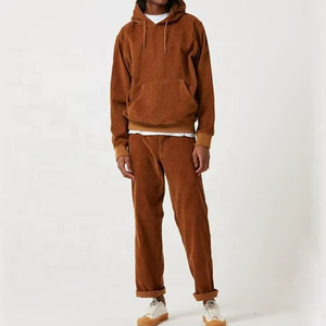 Sweat à capuche en velours côtelé à carreaux pour homme, style streetwear, avec poche kangourou et impression numérique, collection printemps, marron - Product Image 3