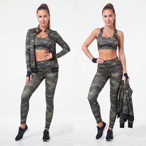 Camo Printed Yoga Compression 3 Piece Set <b>Racerback</b> <b>Bra</b> High Waist Polyester Leggings Full Length Yoga Training Jacket - Product Image 1