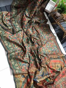 Sari indio de lino con estampado digital Kalamkari, diseño Bollywood, para fiesta nupcial, con blusa a juego. - Product Image 5