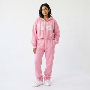 Conjunto de chándal con capucha y cremallera para mujer, de algodón, con sudadera corta y pantalones de chándal apilados, conjunto de chándal oversize para mujer, forro polar de 400 GSM - Product Image 1