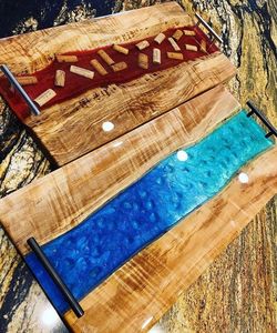 Bandeja de resina con diseño artístico de océano para comedor, bandeja de resina epoxi estilo río con centro de madera para servir - Product Image 4