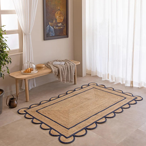 Natural Braided Jute <b>Rug</b> Navy Blue Border Scalloped Carpet <b>Boho</b> Coastal Area <b>Rug</b> for Home Décor - Product Image 1