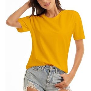 Camiseta de Manga Corta con Cuello Redondo para Mujer, Color Amarillo Sólido, Estilo Casual Holgado, Primavera Verano, Tejido de Algodón Jersey - Product Image 1