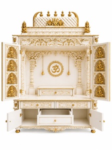 Mandir de madera de teca blanca dorada Ashtalakshmi, gabinete de lujo blanco y dorado tallado a mano, templo hindú para el hogar con puertas para EE. UU. - Product Image 6