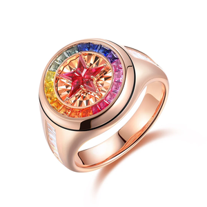 Rose Gold Cocktail Ring With <b>Rainbow</b> Zircon Star Center Bezel Setting Luxury Unisex Party Jewelry - Product Image 3