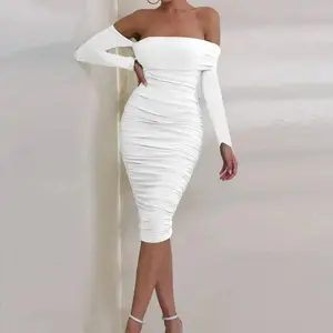 Women Sexy Long Sleeve Bodycon Dress Ladies Pleated One-shoulder Nightclub Party Tight Skirt 2024 Latest