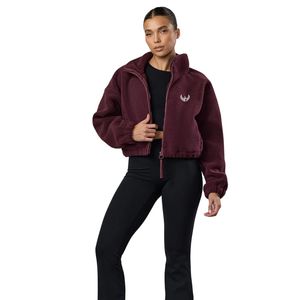 Burgundy Cropped Sherpa Full Zip Up <b>Women</b> Soft <b>Teddy</b> Fleece <b>Jacket</b> Warm Casual Outerwear Stylish Comfort Layer Wear - Product Image 1