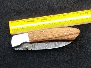 Handmade Damascus Steel <b>Drop</b> Point Folding Pocket Knife Olive Wood Handle Custom EDC Utility Leather Sheath OEM ODM 3-Year - Product Image 5