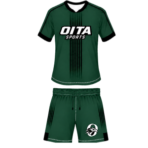 ชุดรักบี้สีเขียวเข้ม-ดำ เสื้อเจอร์ซีย์คอกลมแขนสั้นพร้อมกางเกงขาสั้นเข้าชุด ระบายอากาศได้ดี เหมาะสำหรับการฝึกซ้อมและการเล่นกีฬา - Product Image 1