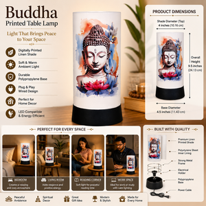 Lampe de table LED imprimée Bouddha avec abat-jour en lin |   Lampe de chevet pour la méditation spirituelle |   Décoration de salon, décoration intérieure, ambiance chaleureuse - Product Image 5